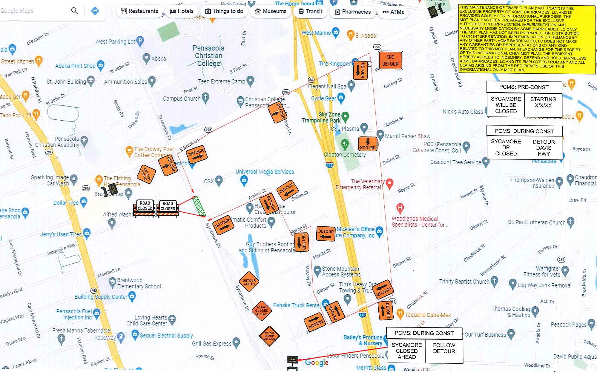 Map of the Sycamore Drive closures and detours