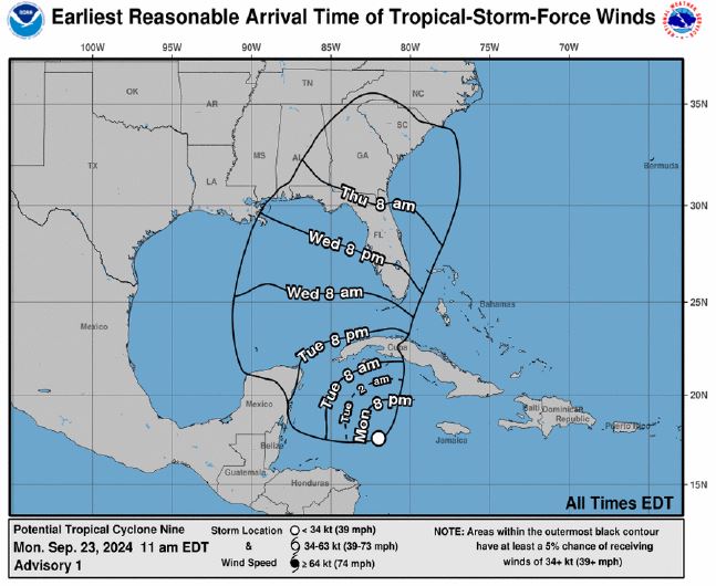 Tropical Storm Wind Speed Arrival Time for Potential Tropical Cyclone 9