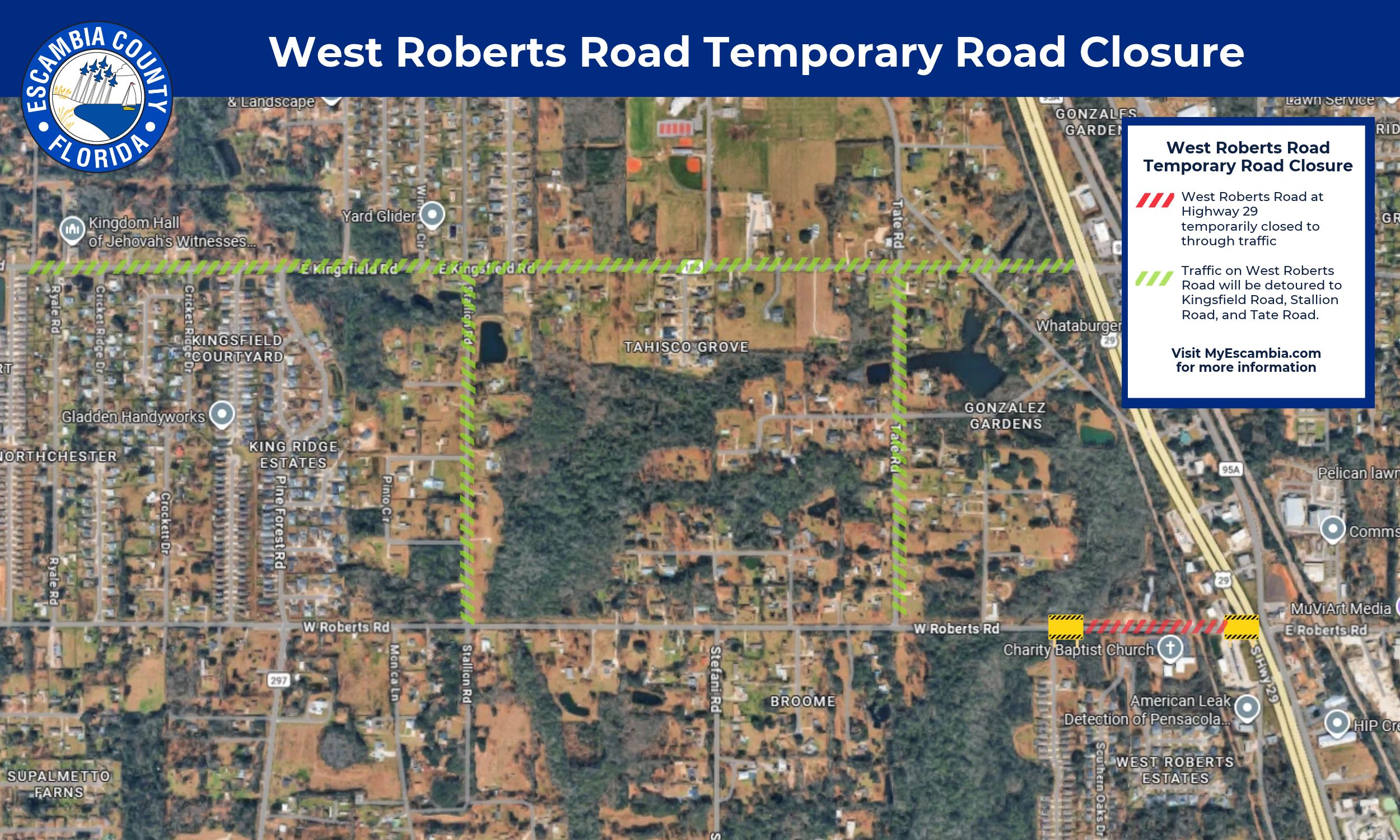West Roberts Road and Highway 29 Closure Map
