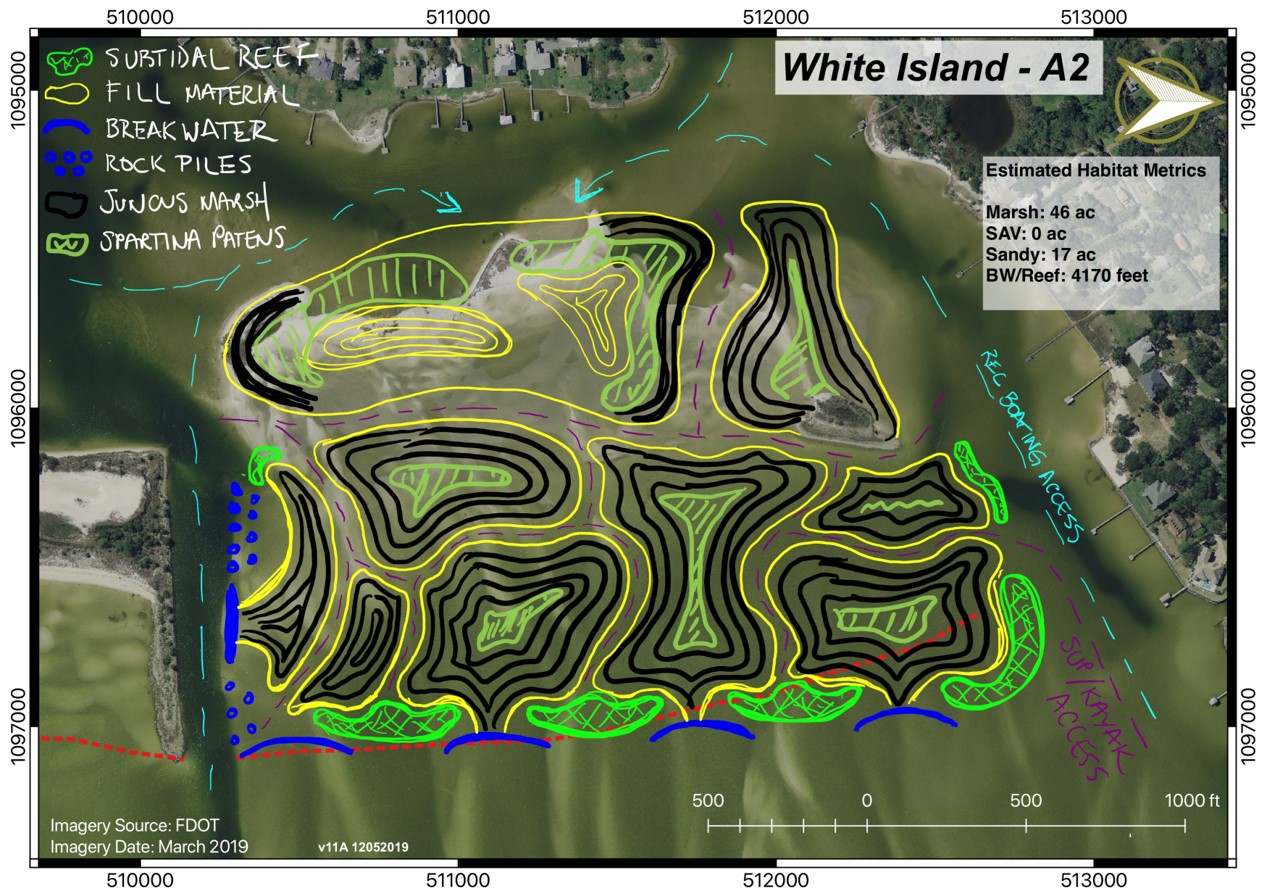Design Concept for White Islands Living Shoreline with marsh habitat on the bay side and sandy shoreline behind the marsh habitat.