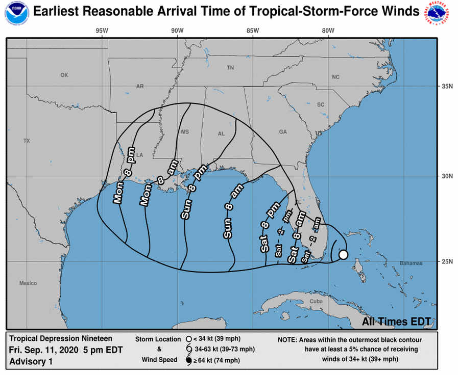 Wind arrival times for tropical depression 19