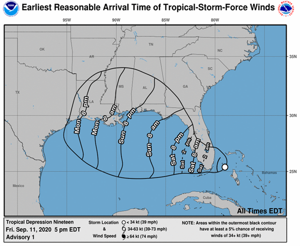 Wind arrival times for tropical depression 19 Wind arrival times for tropical depression 19