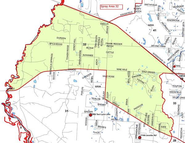Mosquito Spray Area 32A Map: Boundaries: North - I10, South Mobile Highway, East - 11 mile Creek Road, West - Alabama State line