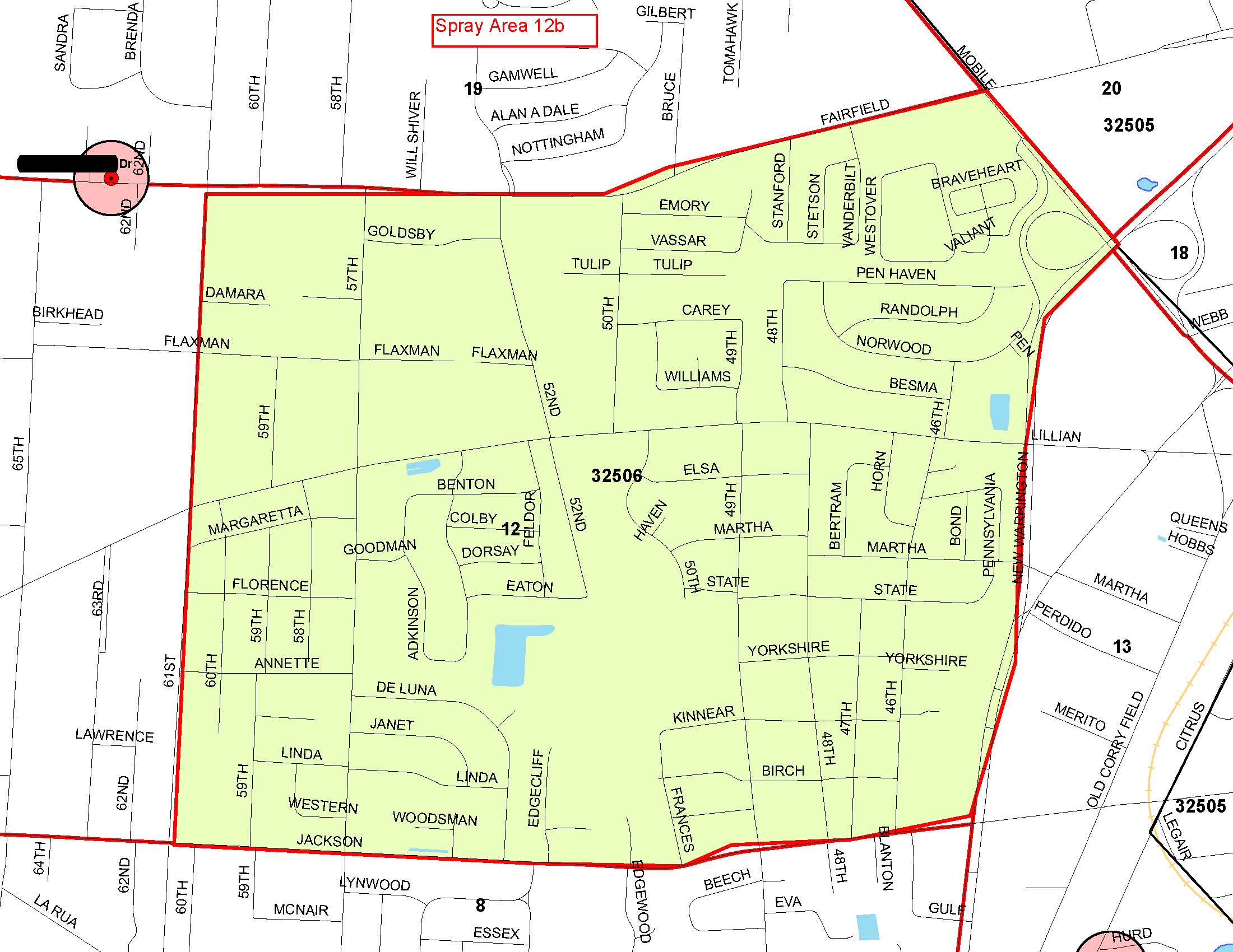 Boundaries: North: Fairfield Drive, South - Jackson, East - New Warrington Road, 61st Avenue 