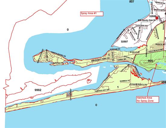 Spray Area 1A Map for mosquito fogging in the Perdido Key neighborhood is bound to the north by Sorrento Road, to the south by Intra-coastal canal, to the east by Bauer Road and to the west by Perdido Bay. 