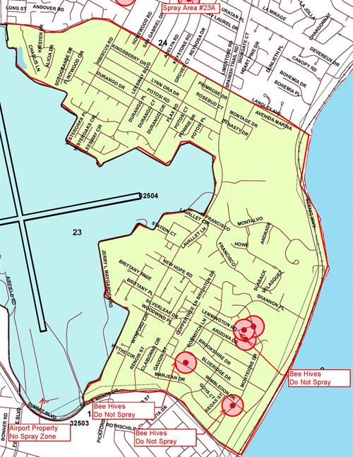 Spray Area 23A Map - Pensacola Airport Boundaries: North - Langley Avenue, Summit Boulevard, Scenic Highway, Chablis Lane; No Spray Zone: Airport property, Wilmbeldon Drive, Lemmington Road bee hives