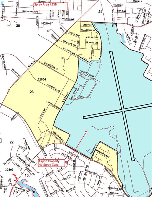 Spray Area 23B Map - Pensacola Airport Boundaries: North - Langley Avenue, South - Summit Boulevard, East - Arriviste Way, West - North 9th Avenue