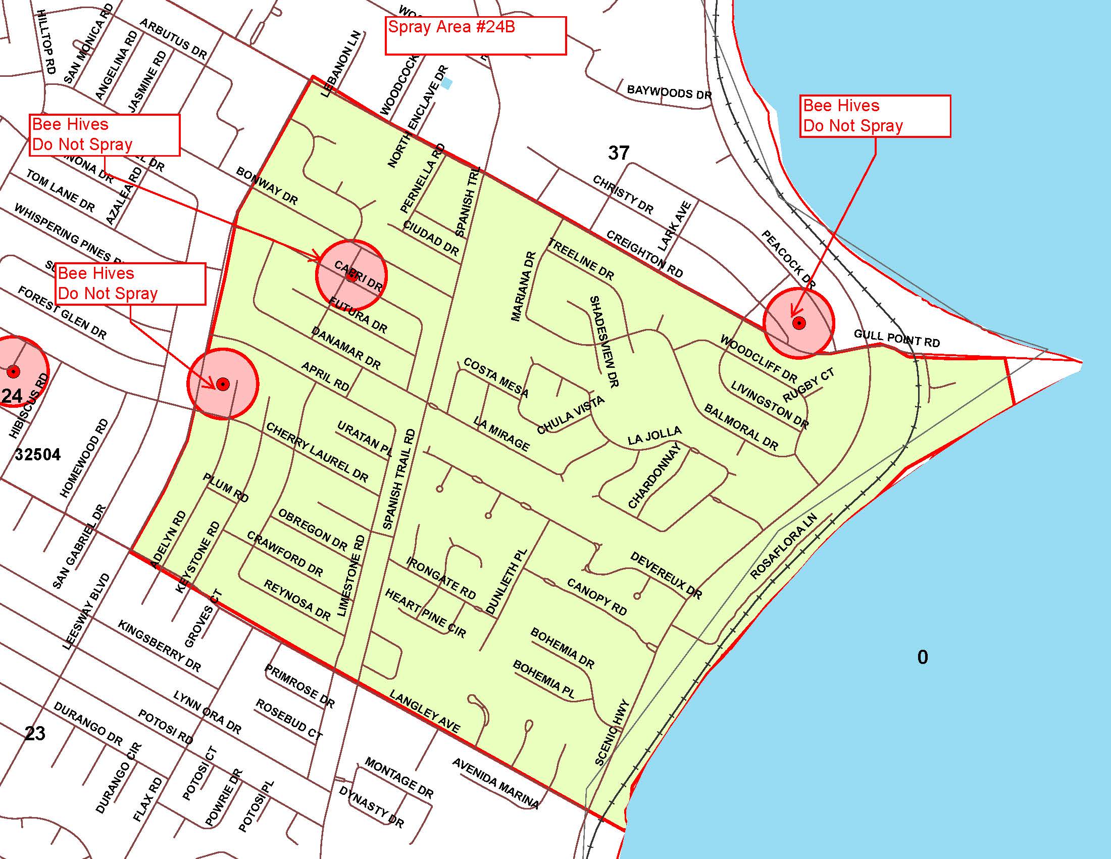 Spray Area Map 24B is bound to the north by Creighton Road, to the south by Langley Avenue, to the east by Scenic Highway, and to the west by North Ninth Avenue.