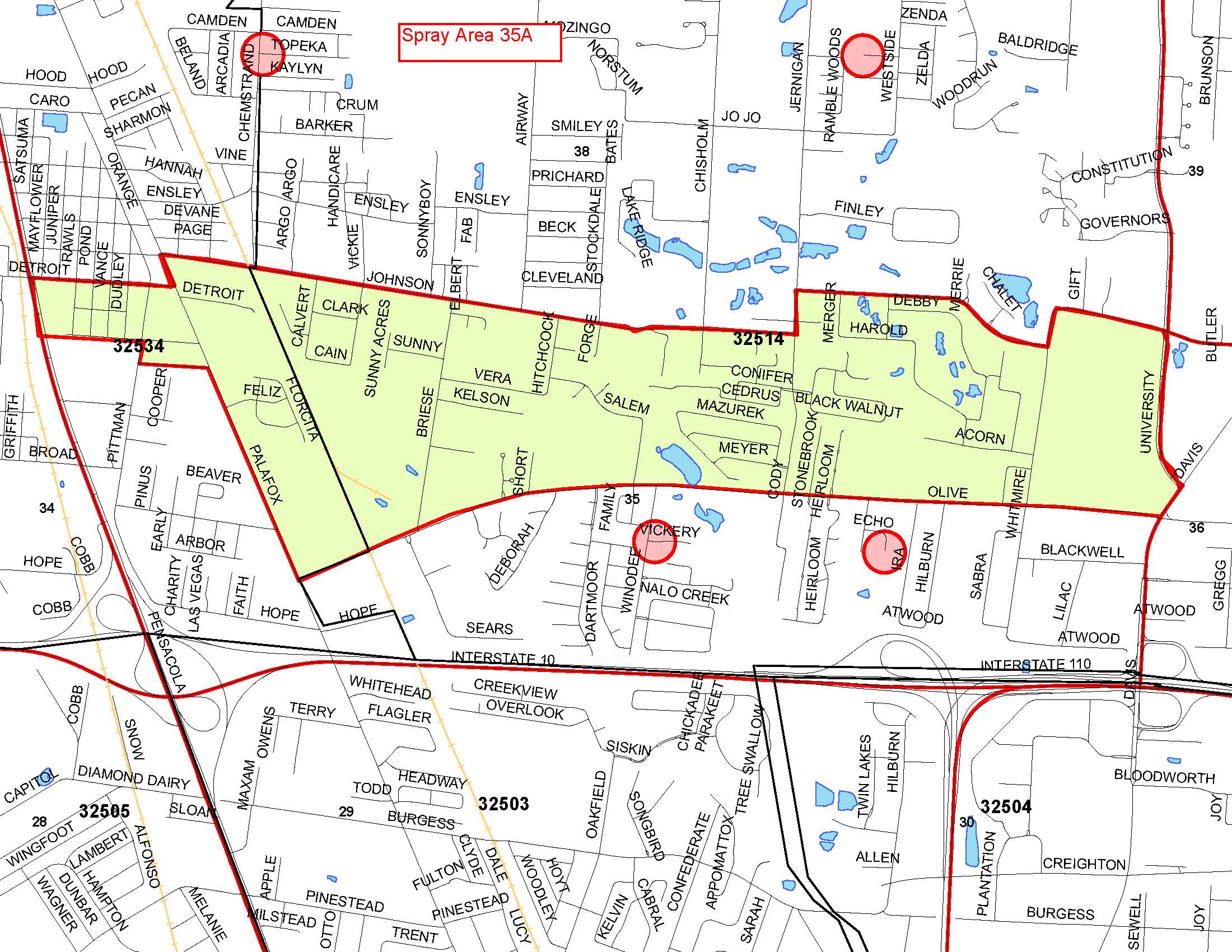 Spray Area 35A Map: Ensley Area, Boundaries: North- Johnson Avenue, South - Olive Road, East - University/Davis, West - Pensacola Boulevard/Palafox Street