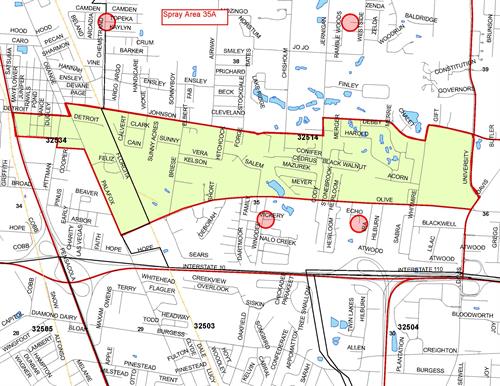Spray Area 35A Map: Ensley Area, Boundaries: North- Johnson Avenue, South - Olive Road, East - University/Davis, West - Pensacola Boulevard/Palafox Street