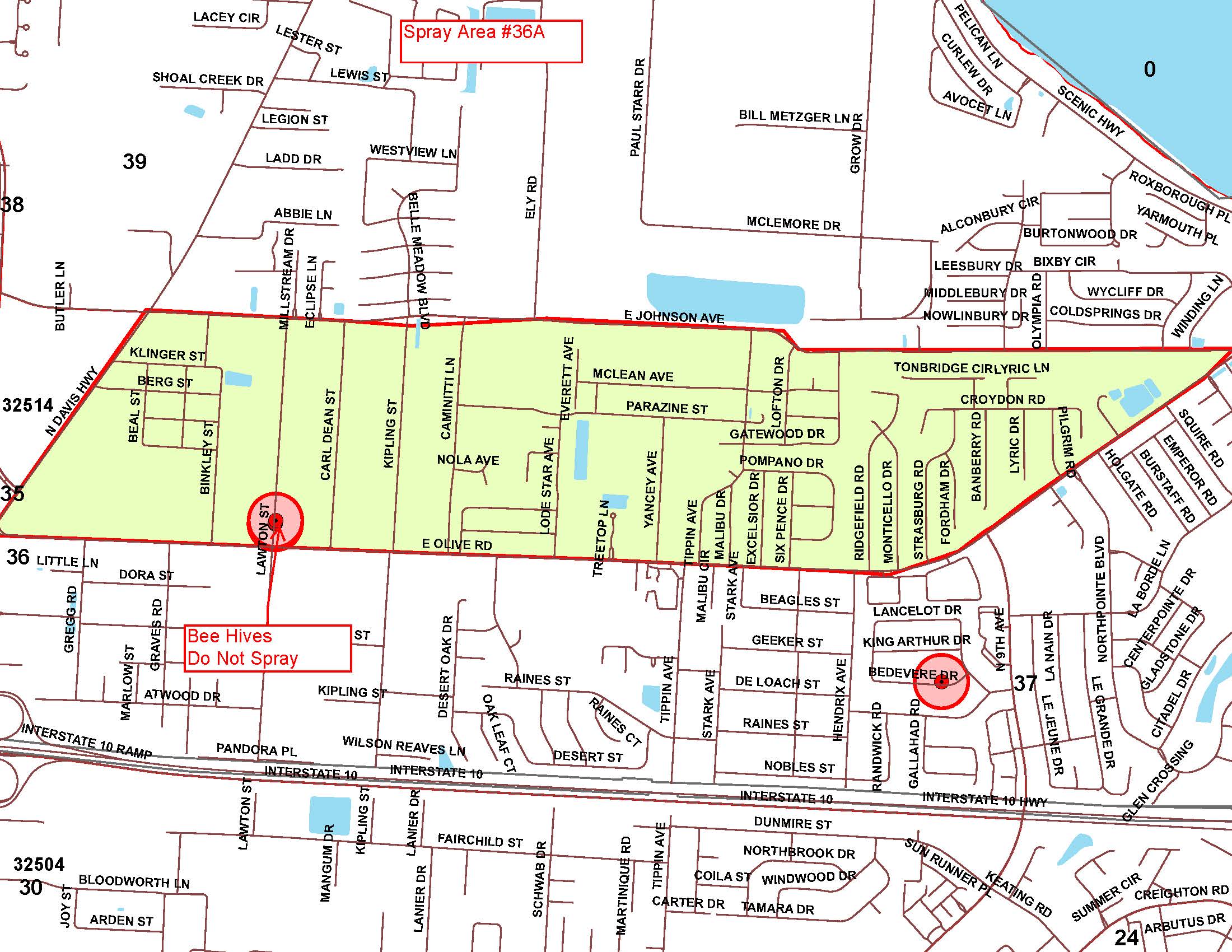 Spray Area Mosquito map for the Ferry Pass area with boundaries to the north by East Johnson Avenue, to the south by East Olive Road, to the East by Scenic Highway and to the west by North Davis Highway. 