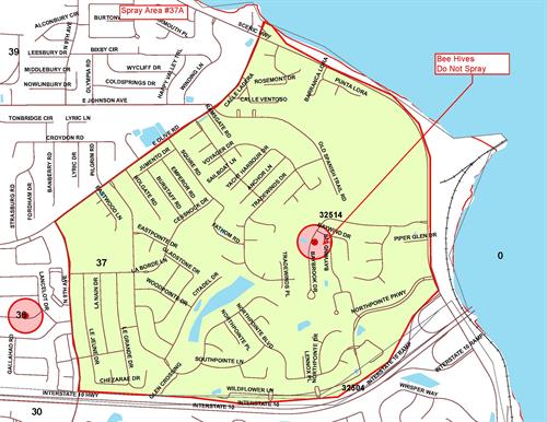 Spray Area 37A Map - Northpointe Area, Boundaries: North - Olive Road, South - I10, East - Scenic Highway, West - North 9th Avenue; No Spray Zone - Baybrook Drive Bee Hive