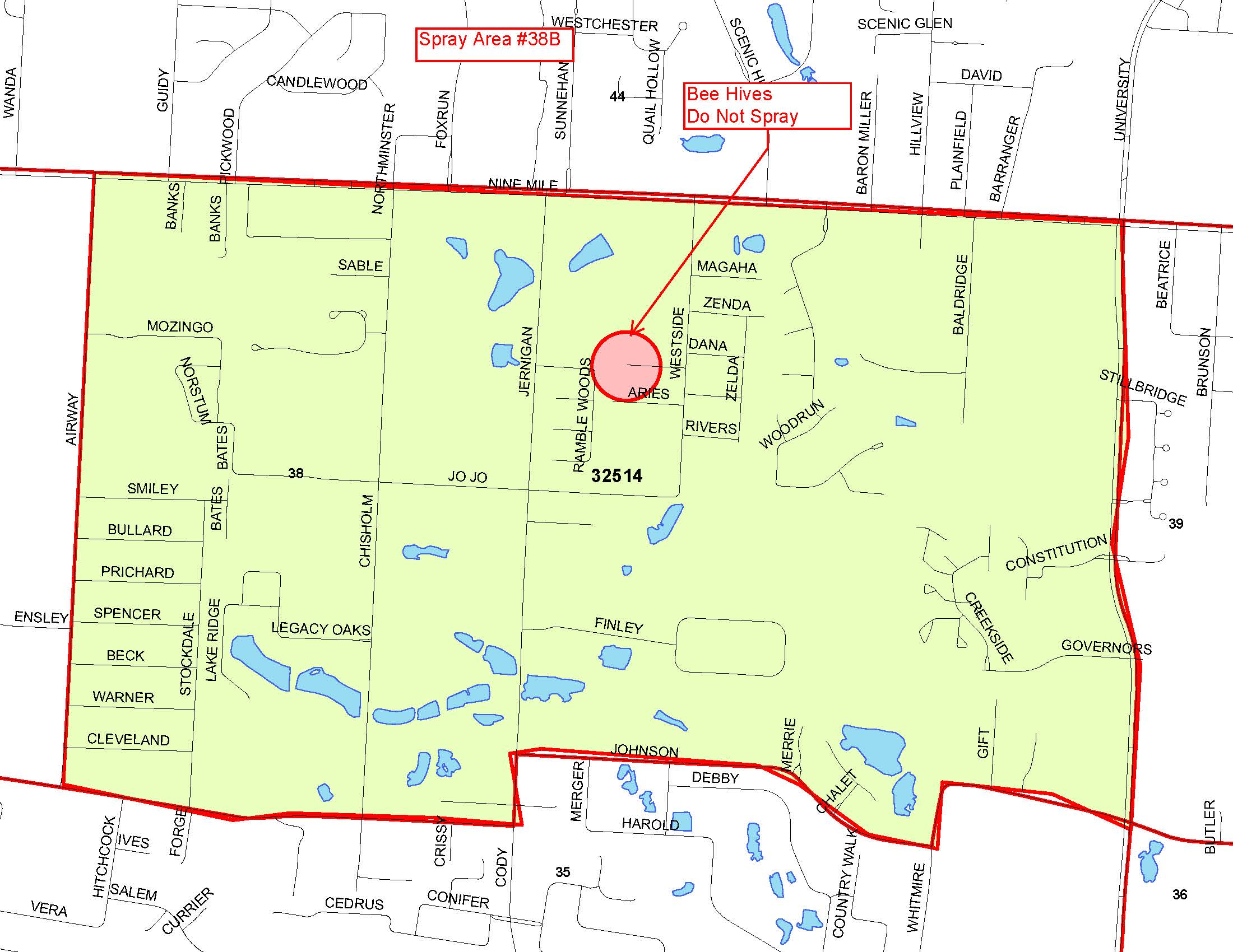 Boundaries: North - Nine Mile Road, South - Johnson Avenue, East - Airway Drive, West - University Parkway; No Spray Zone: Aquila Drive Bee Hive