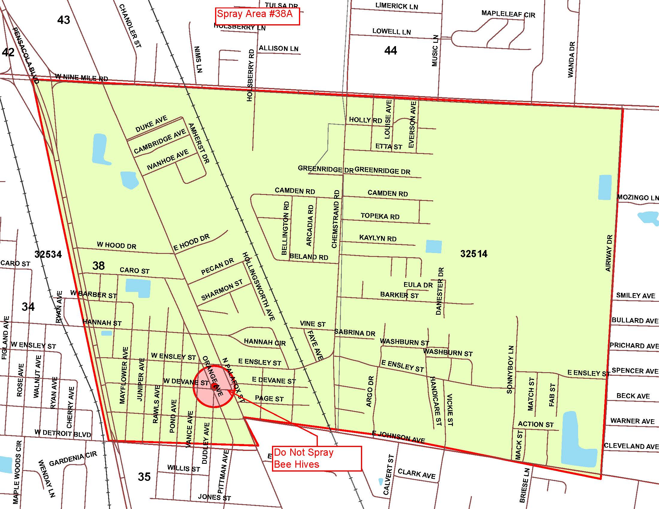 Boundaries: North - Nine Mile Road, South - Johnson Avenue,  East - Pensacola Boulevard, West - Airway Drive; No Spray Zone:  Orange Avenue Bee Hive