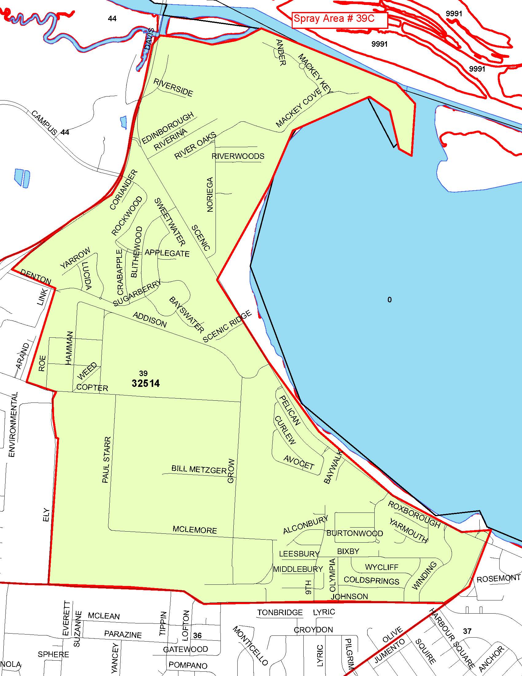 Spray Area Mosquito map for the North Pointe area bound to the north by Davis Highway, to the south by East Johnson Road, to the east by Escambia Bay and to the west by Ely Road. 