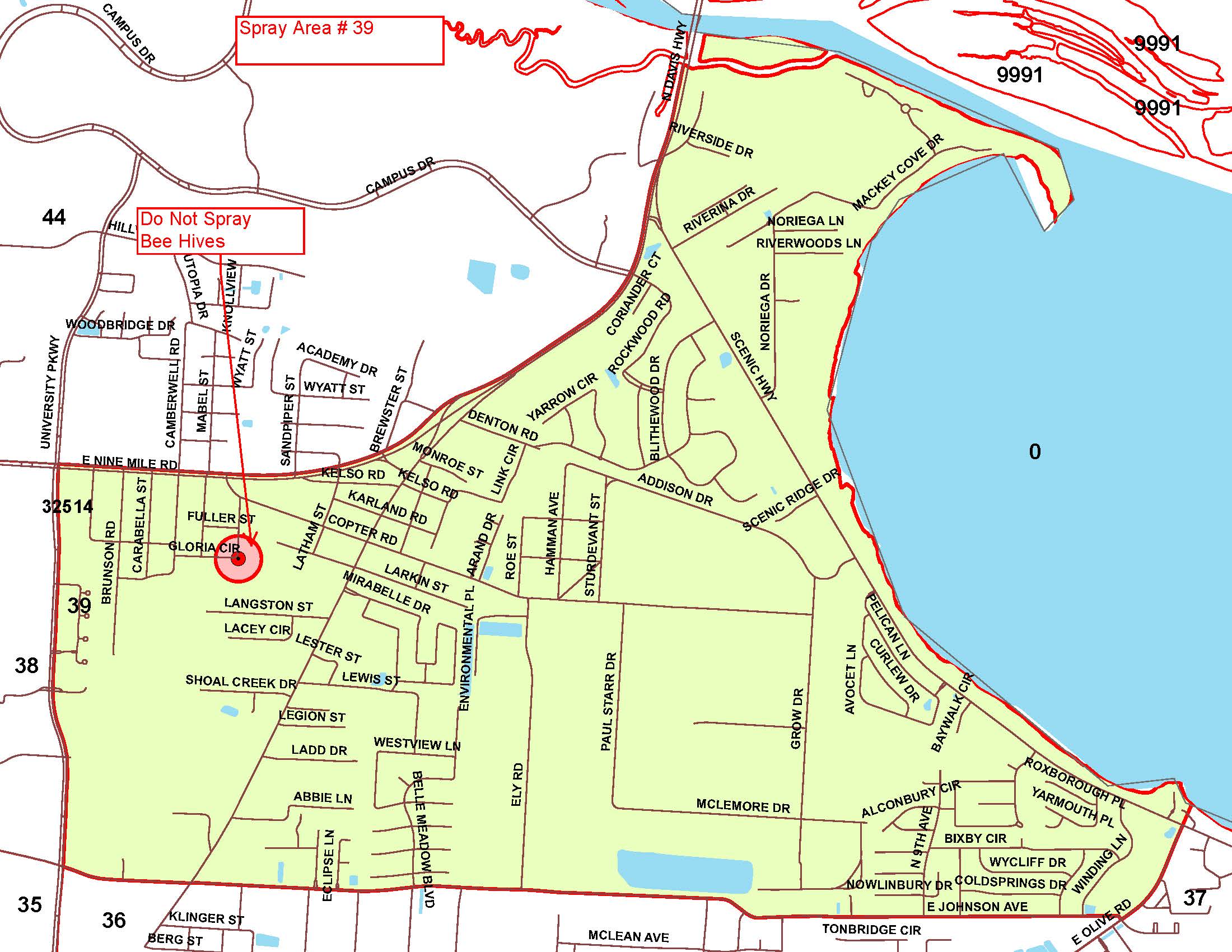 Boundaries:  North - Nine Mile Road/ North Davis Highway, South - East Johnson Avenue, West - University Parkway, East - Scenic Highway/Mackey Cove Drive. No Spray Zone: Gloria Circle Bee Hive