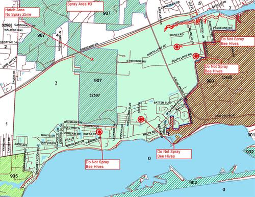 Spray Area 3 Map - Pleasant Grove Boundaries: North - Sorrento Road, South - Gulf Beach Highway, East - Freeboard Avenue, West - Bauer Road; No Spray Zone: Balsa Court, Keel Drive, South Loop Road and North Loop Road Bee Hives