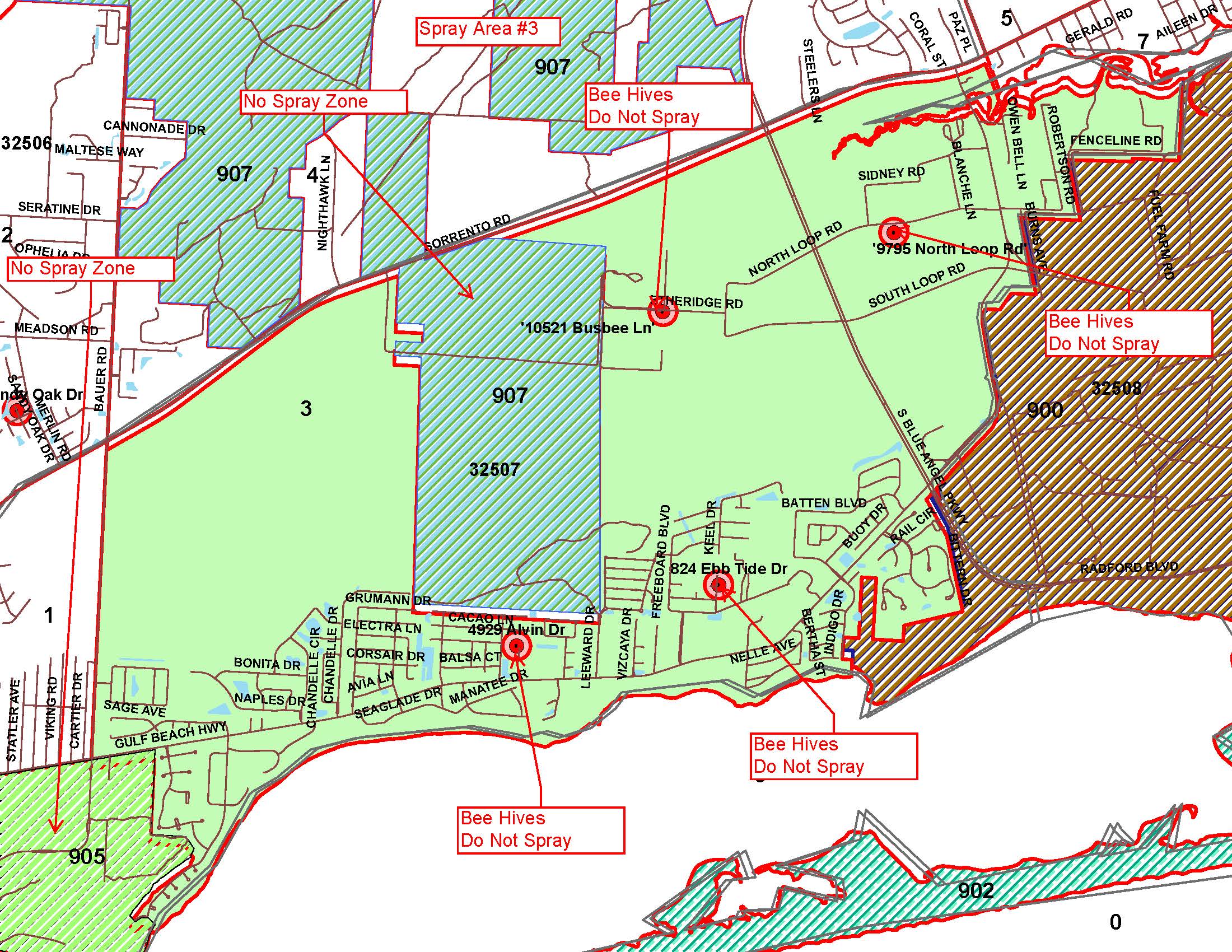 Boundaries: North - Sorrento Road, South - Grand Lagoon Boulevard, East - Fence Line Road, West - Bauer Road; No Spray Areas: Bee Hive on Alvin Drive, Ebb Tide Drive, Ethridge Road and North Loop Road