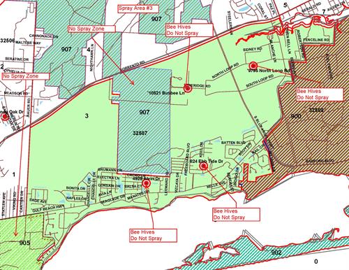 Boundaries: North - Sorrento Road, South - Grand Lagoon Boulevard, East - Fence Line Road, West - Bauer Road; No Spray Areas: Bee Hive on Alvin Drive, Ebb Tide Drive, Ethridge Road and North Loop Road