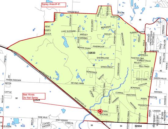 Mosquito Spray Area 41A Map - General boundaries: North - Kingsfield Road, South - Nine Mile Road, East - Pine Forest Road, West - I10. No spray zones off of Tara.  