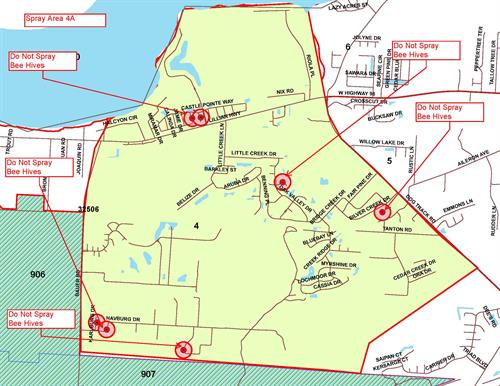 Boundaries: North - Riola Place, South Havburg Drive, East - Dog Track Road, West - Bauer Road; No Spray Zones: Bee Hives on Castle Pointe Way, Oak Valley Drive, Silver Creek Drive, Karlsburger Drive, and Havburg Drive 
