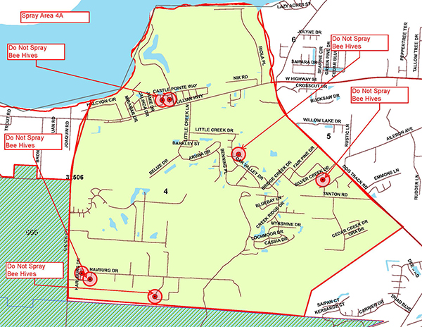 spray area 4A Map Map of Escambia County Mosquito Control spray area for Oct. 18, 2018. Area is east of Bauer Road, west of Dog Track Road, north of Sorrento Road and south of Perdido Bay.