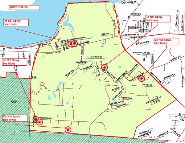 Map of Escambia County Mosquito Control spray area for Oct. 18, 2018. Area is east of Bauer Road, west of Dog Track Road, north of Sorrento Road and south of Perdido Bay.
