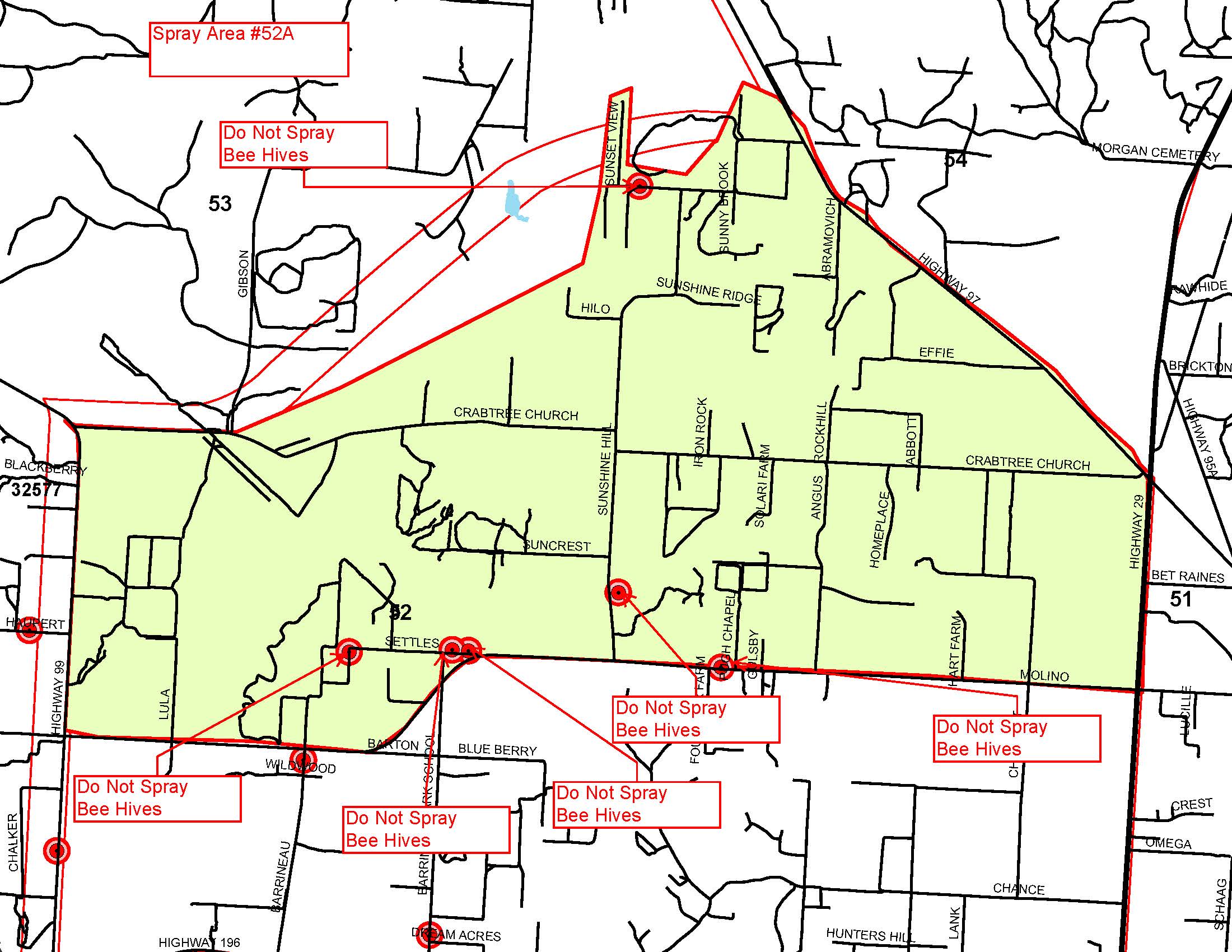 Mosquito Spray Area 52A. General boundaries: North - Hwy. 97, South - Molino Road, East - Hwy. 29, West - Hwy. 99. No spray zones off of: Sunset view, Wildwood, Settles, Sunshine Hill