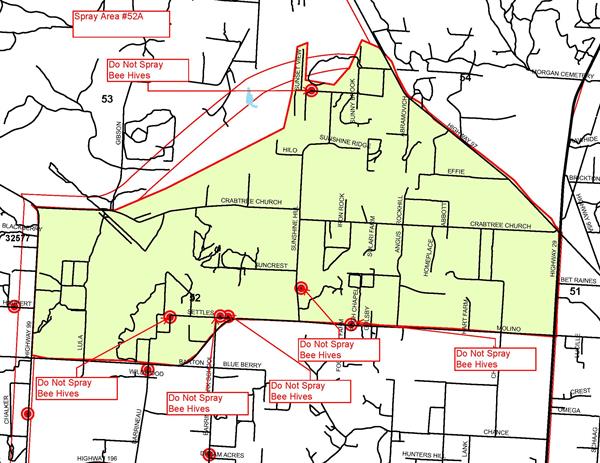 Mosquito Spray Area 52A. General boundaries: North - Hwy. 97, South - Molino Road, East - Hwy. 29, West - Hwy. 99. No spray zones off of: Sunset view, Wildwood, Settles, Sunshine Hill