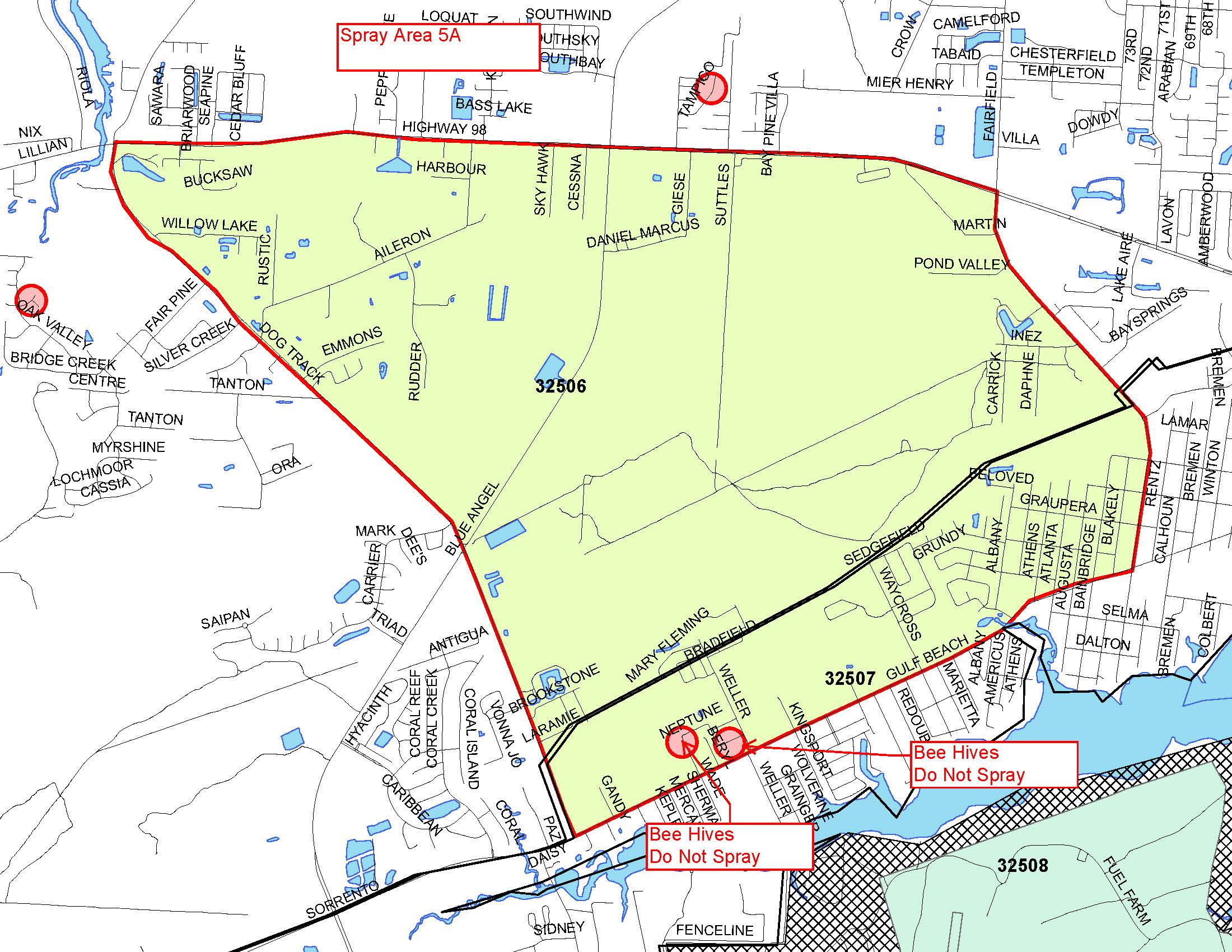 Boundaries: North - Highway 98, South - Gulf Beach Highway, East - Fairfield Drive, West - Dog Track Road; No Spray Zones - Bee Hives on Neptune and Weller