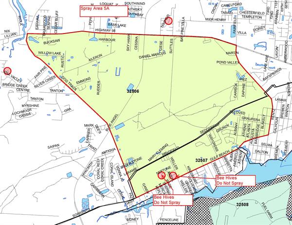 Boundaries: North - Highway 98, South - Gulf Beach Highway, East - Fairfield Drive, West - Dog Track Road; No Spray Zones - Bee Hives on Neptune and Weller