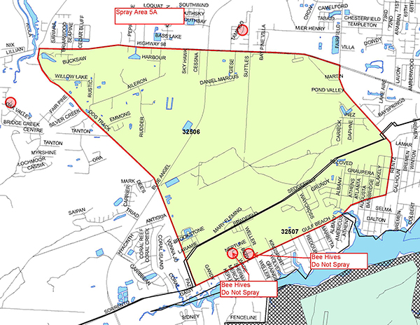 Map of mosquito fogging area for Oct. 18, 2018. General area is south of Highway 98, north of Gulf Beach Higway, East of Dog Track Road and west of Fairfield Drive. 