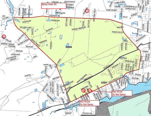 spray area 5A Map Map of mosquito fogging area for Oct. 18, 2018. General area is south of Highway 98, north of Gulf Beach Higway, East of Dog Track Road and west of Fairfield Drive.