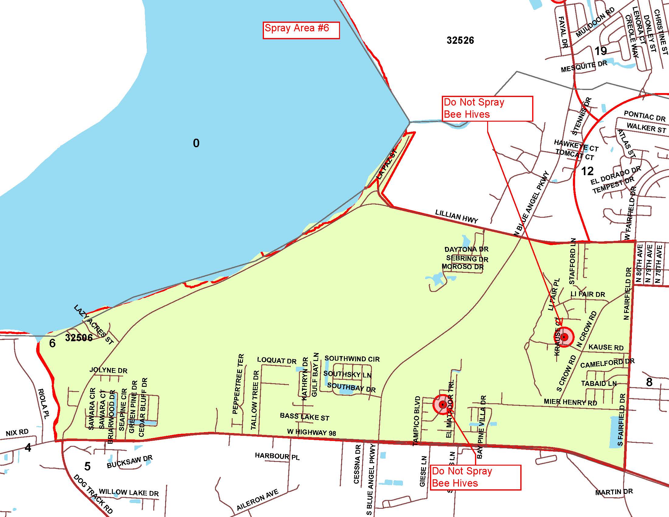 Boundaries: North - La Paz Street, South - West Highway 98, East - South Fairfield Drive, West - Heron Villa Lane; No Spray Zones:  El Matador Trail and Krause Court