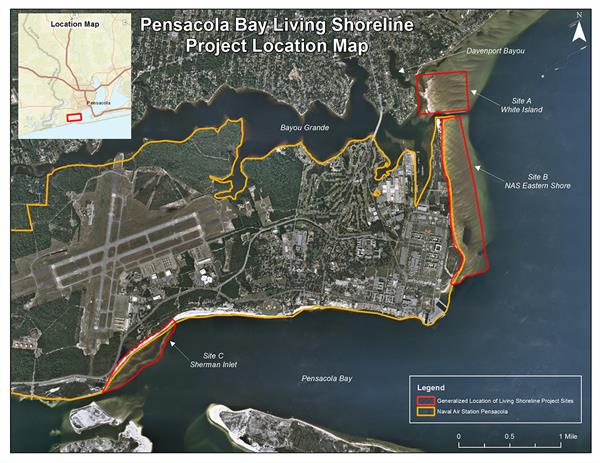 NAS Living Shoreline Project location map of sites A, B and C along Pensacola Bay, NAS Eastern Shore and White Island. 