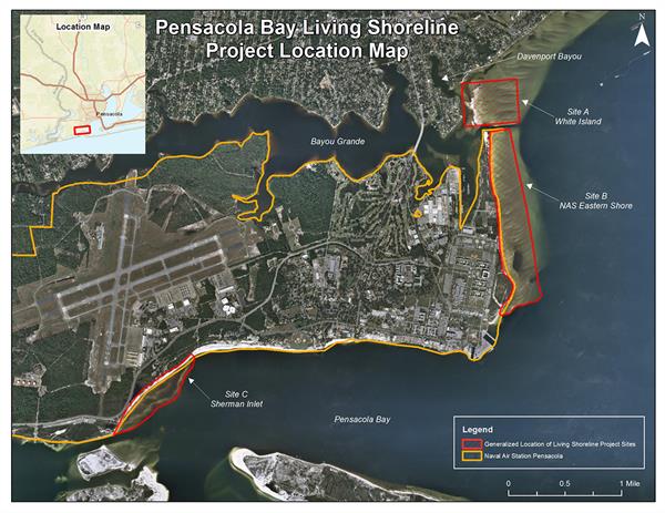 NAS Living Shoreline Project Location Map NAS Living Shoreline Project location map of sites A, B and C along Pensacola Bay, NAS Eastern Shore and White Island.
