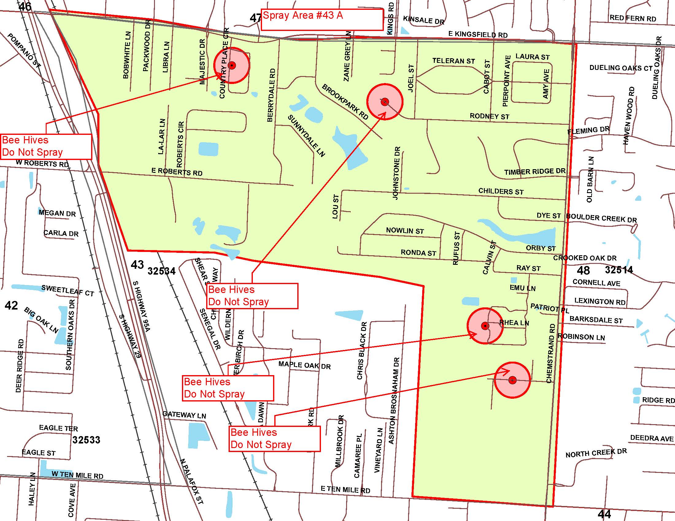 Mosquito spray area map bound to the north by Kingsfield Road, to the south by East Nine Mile Road, to the east by Chemstrand Road and to the west by Highway 29. 