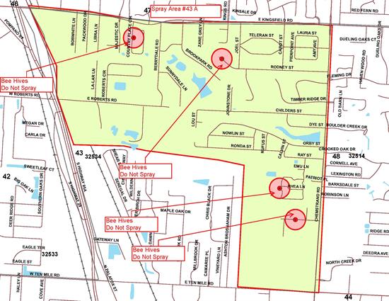 Mosquito spray area map bound to the north by Kingsfield Road, to the south by East Nine Mile Road, to the east by Chemstrand Road and to the west by Highway 29. 