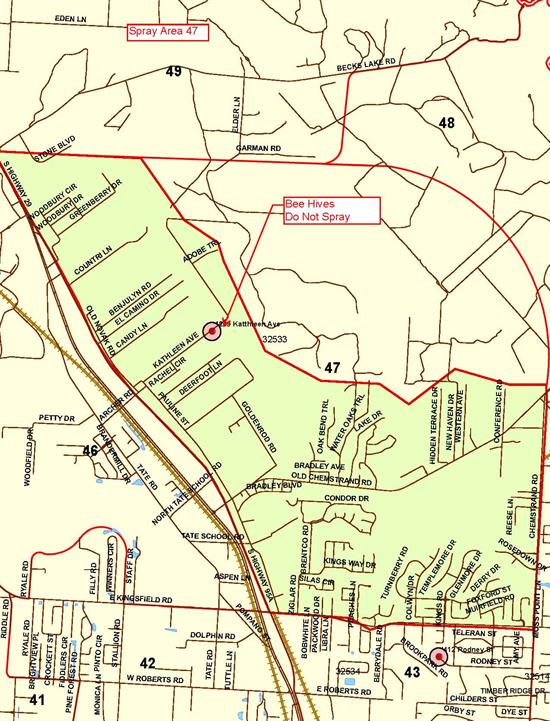 Mosquito spray area map bound to the north by Woodbury Cirlce, to the south by East Kingsfield Road, to the east by Chemstrand Road and to the west by South Highway 95A. 