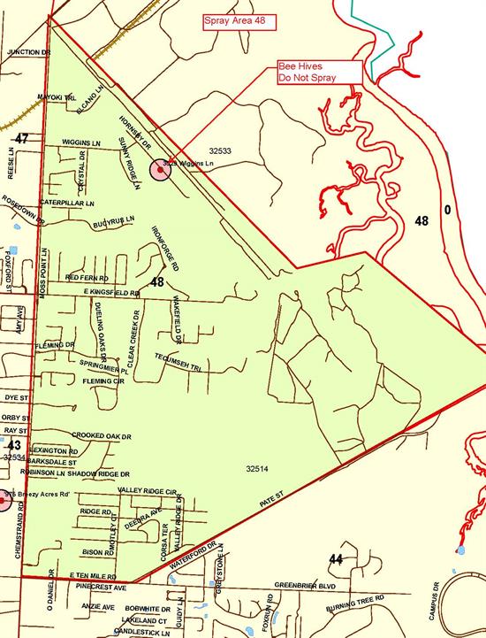 Spray area map for the Gonzalez neighborhood is bound to the north by Junction Drive, to the south by East Ten Mile Road, to the east by Wiggins Lane and tot he south by Chemstrand Road. 