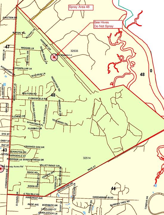 Spray Area 48A Map Mosquito spray area map bound to the north by Junction Drive, to the south by East Ten Mile Road, to the east by Wiggins Lane and to the west by Chemstrand Road.