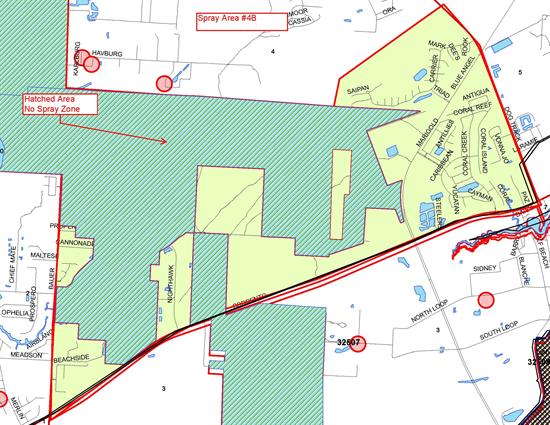 Mosquito Spray Area 4B Map, South Millview, District 2. West border is Bauer Road, North border is Carrier Drive, East border is Dog Track Road and South border is Sorrento Road. A no spray area is  located south of Havburg Street. 
