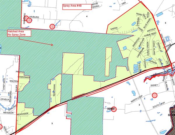 Spray Area 4B Map - South Millview Mosquito Spray Area 4B Map, South Millview, District 2. West border is Bauer Road, North border is Carrier Drive, East border is Dog Track Road and South border is Sorrento Road. A no spray area is located south of Havburg Street.