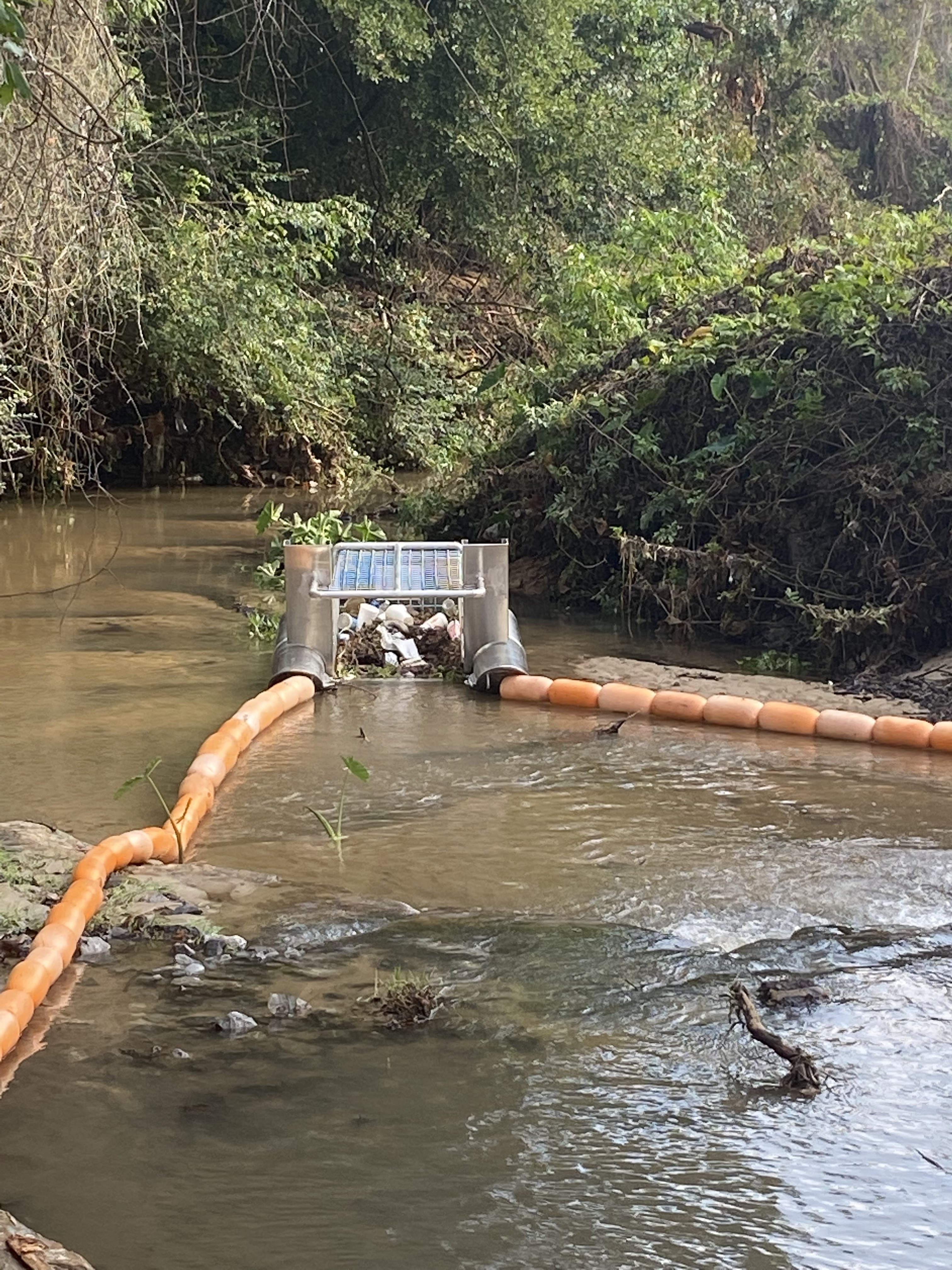 Floating litter trap in Jackson Creek, courtesy of Madison O’Toole