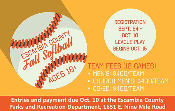 Adult softball flyer fall 2018 image small Softball flyer with text: Escambia County Fall Softball, ages 18+. Registration Sept. 24-Oct. 10. League play begins Oct. 15. Team fees (12 games): Men's, Church Men's or Co-ed: $400 per team.