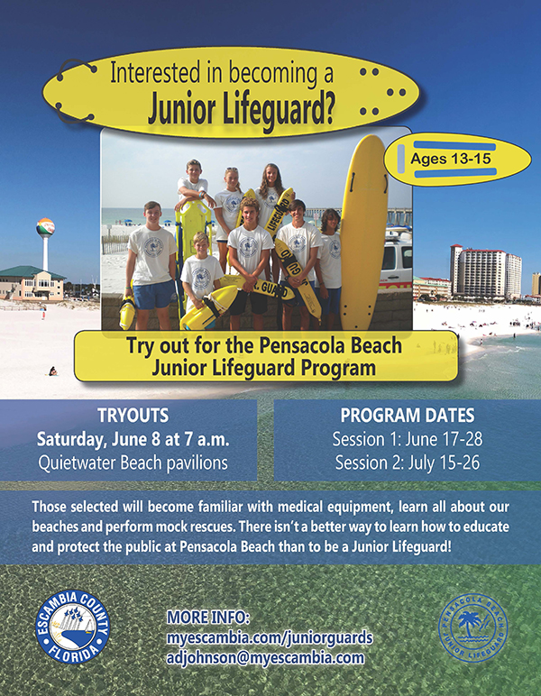 Junior Lifeguard Flyer 2019 Information flyer about Junior Lifeguard Tryouts, with Pensacola Beach in the background. Visit myescambia.com/juniorguards for details.