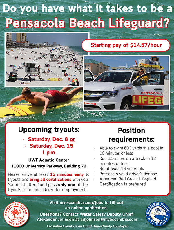 Pensacola Beach Lifeguards tryout flyer December 2018