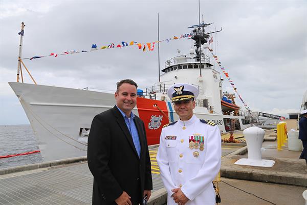 Commissioner Doug Underhill attended the change of command ceremony Monday, June 11 for the U.S. Coast Guard Cutter Decisive, which relocated to NAS Pensacola with its 78-member crew.