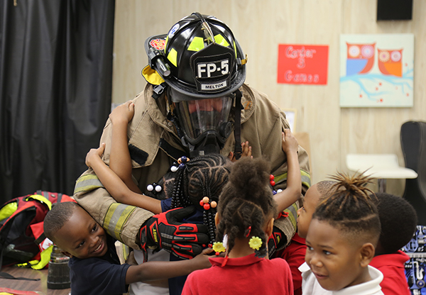 Escambia County Fire Rescue teaches a fire safety class at Oakcrest Elementary School