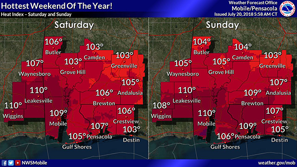 A graphic showing the forecasted heat index of 107 and 109 degrees for Saturday, July 21 and Sunday, July 22, 2018.